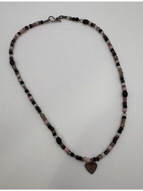 Artisan Glass Bead Necklace 925 Findings Leaf Pendant Pink Purple Gray 16.5